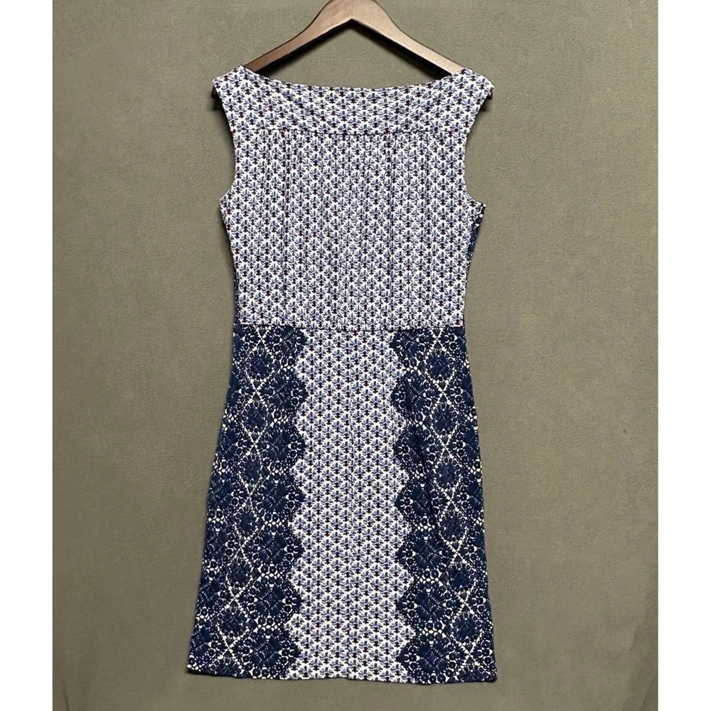 Tory Burch Sheath Dress Womens Small Blue Geometric Floral Print Sleeveless EXCL